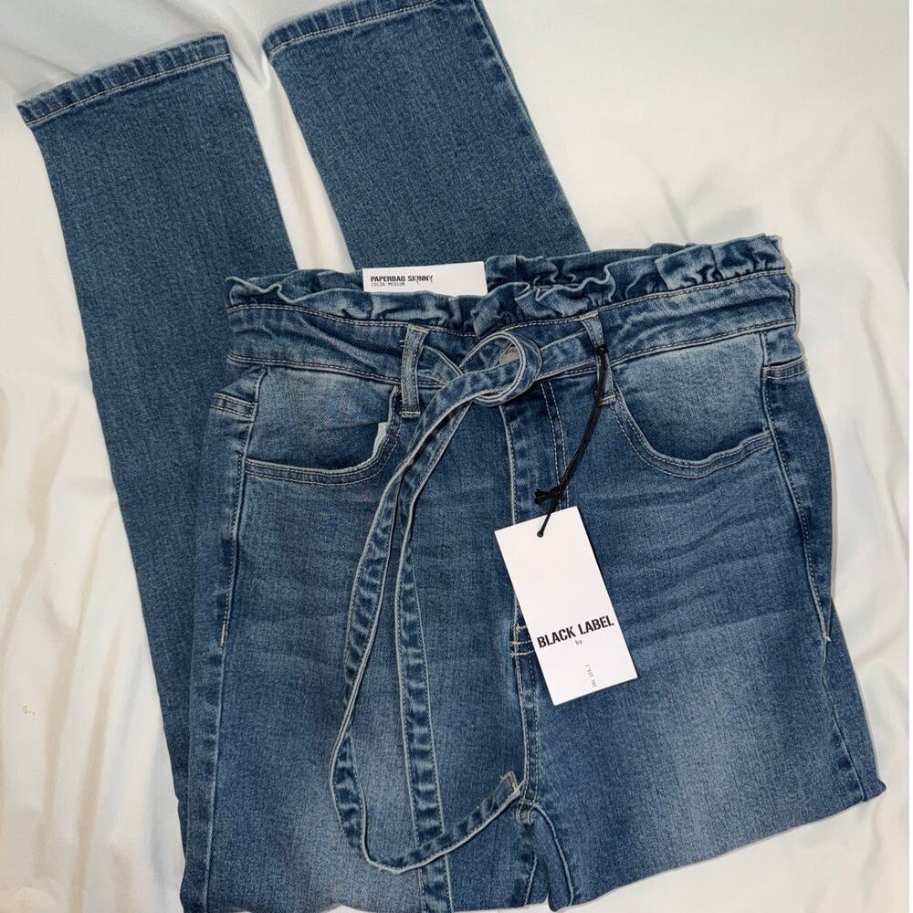 NWT Black Label Paperbag Waist Skinny Jeans High Rise Tie Belt Size 11